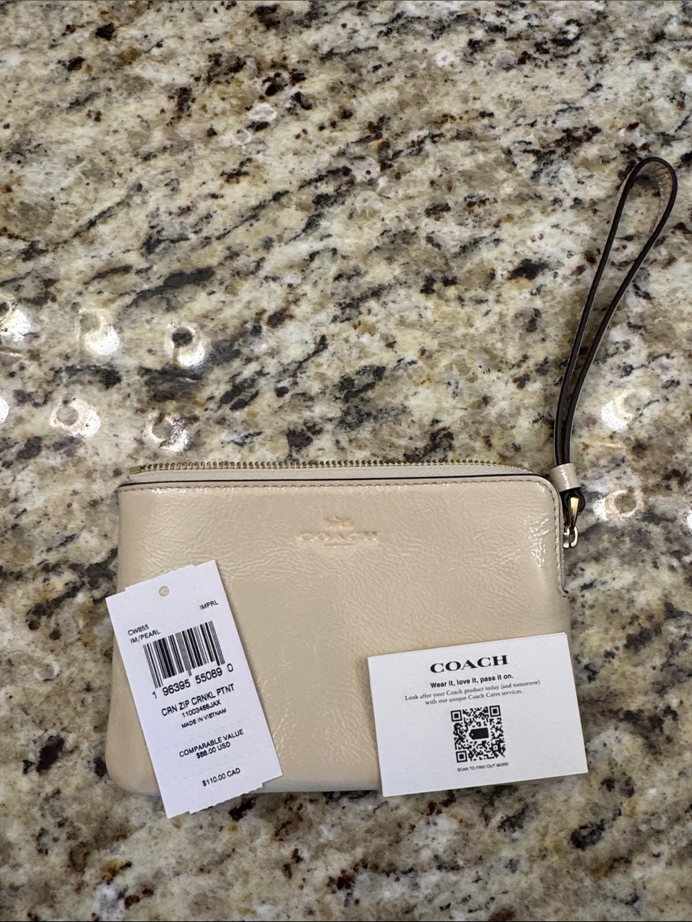 Coach Chalk Pebbled Leather Wristlet with Dark Brown Strap